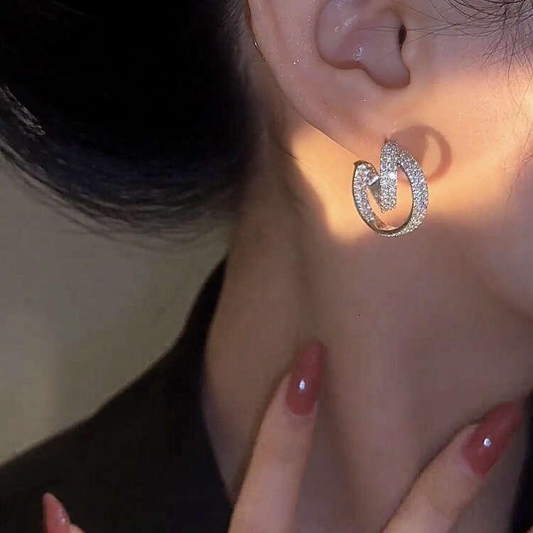 High-End Cross Earrings Micro Inlaid Zircon Niche Snake-Shaped Wrapped Hoop Studs Exquisite Light Ear Jewelry