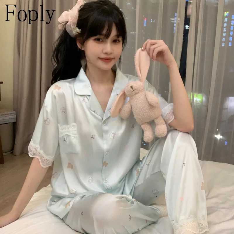 Cartoon Print Women Pajamas Set Spring Summer 2 Piece Pyjama Satin Silk Sleepwear Shortsleeve Top Pants Pijama Pjs Loungewear Z250925