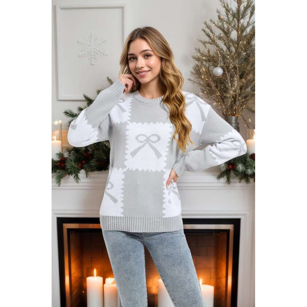 Autumn Winter New Christmas Women's Loose Knitted Sweater Checkered Bow Color-Block Pullover Top