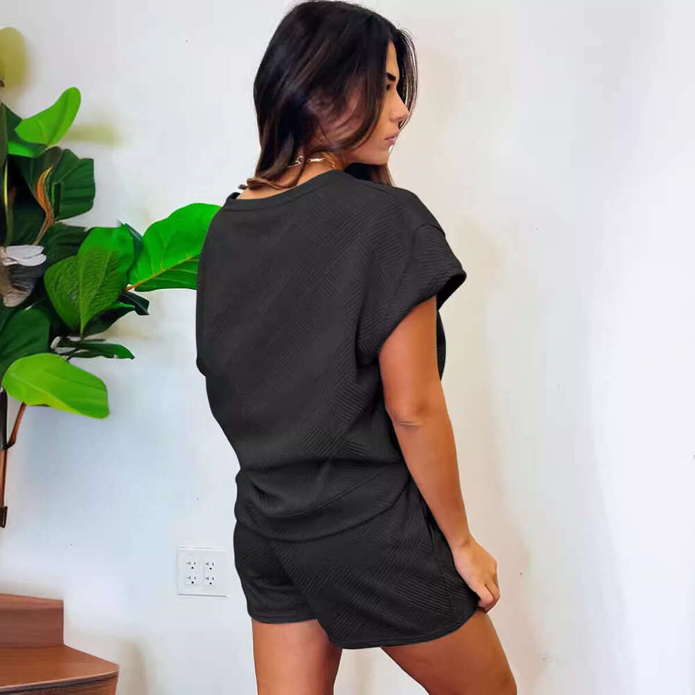 2025 Solid Color Round Neck Short Sleeve Top Spring Summer New Textured Fabric Fashion Shorts Set
