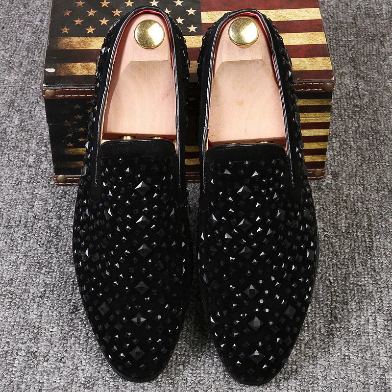 Black Men Dress Shoes Spikes Loafers Shoes Denim Metal Sequins Footwear High Quality Shoes 250922