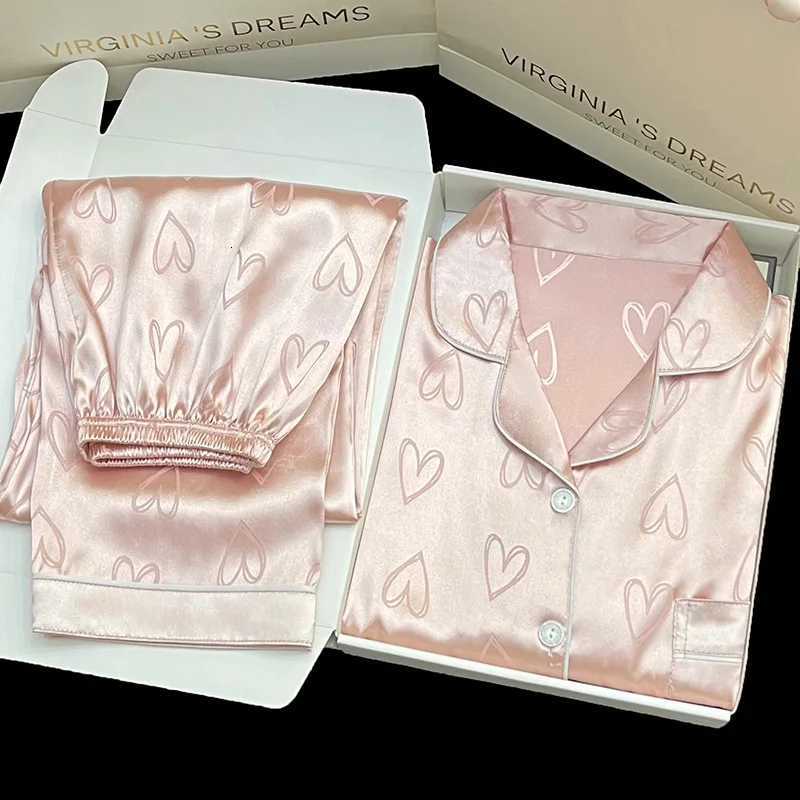 Ice Silk Pajamas Womens Long Sleeve Lace Premium Sense Two Piece Suit Sweet Homewear Love Blue Ladies Sleepwear Loungewear Z250925