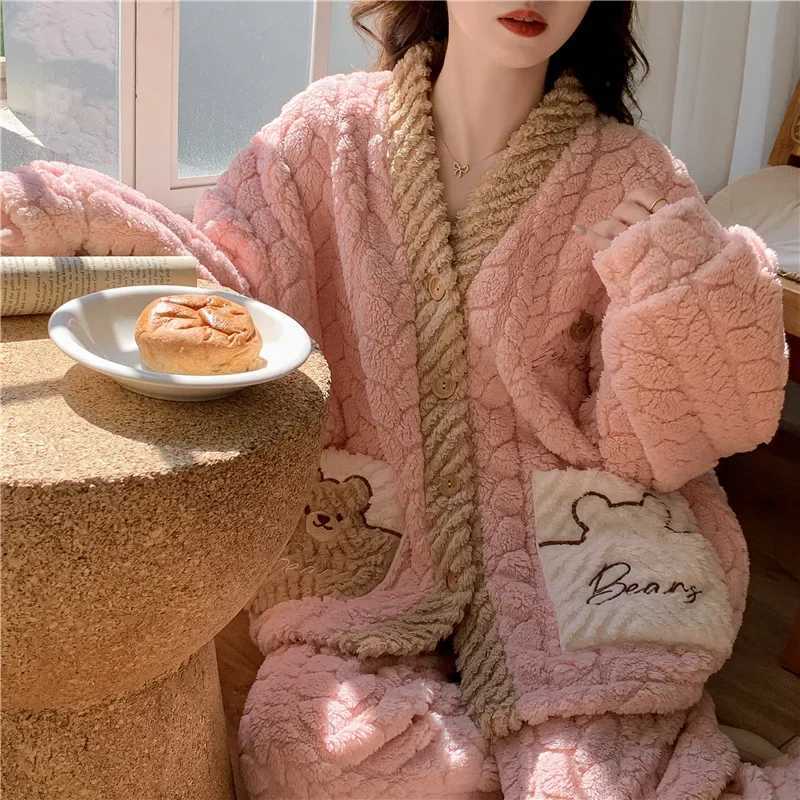 Womens Coral Fleece Pajama Set Thickened Flannel Home Clothes VNeck Sleepwear Autumn Winter Warm Tips For Selection And Care Z250925