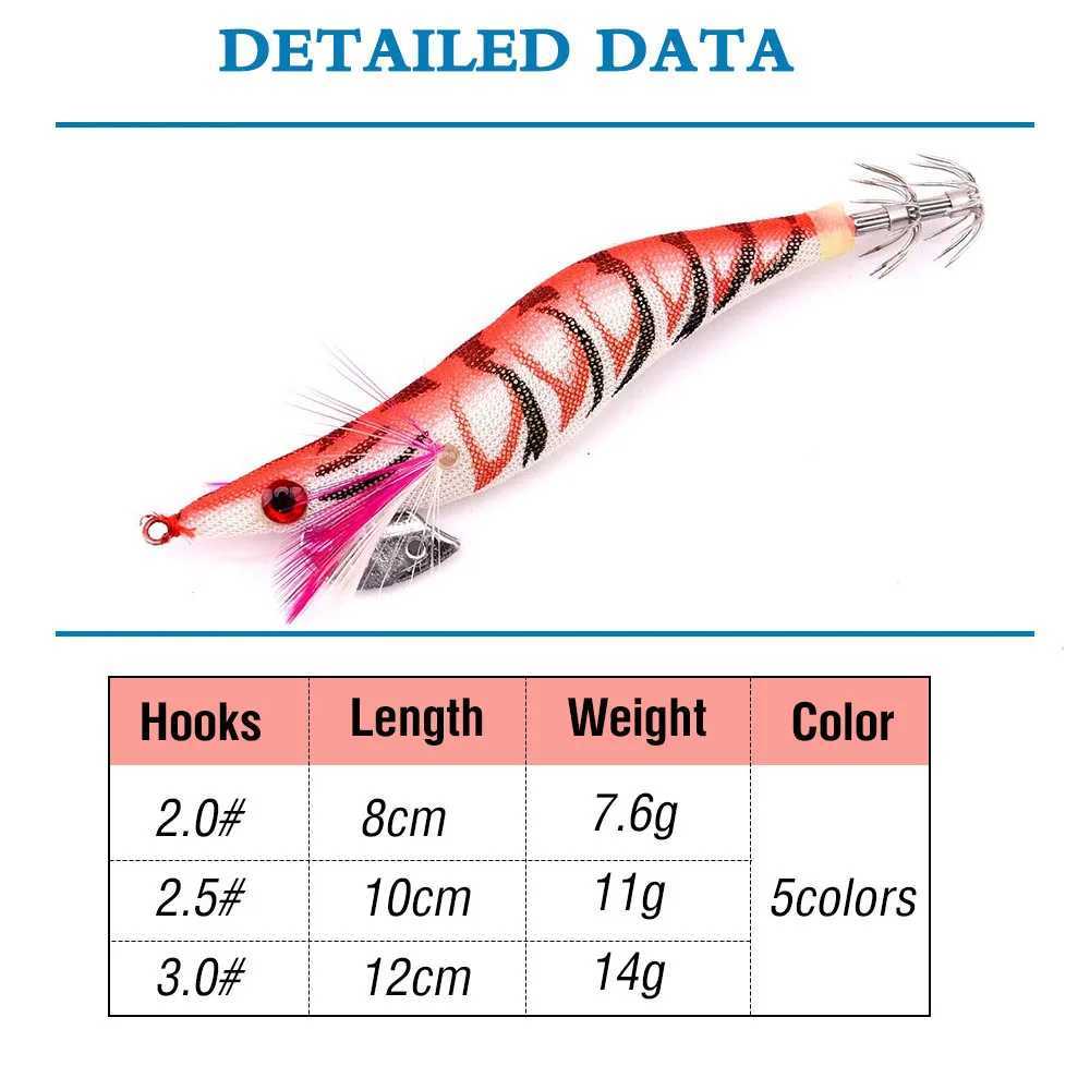 5pcslot Fishing Wood Shrimp Luminous Squid Octopus Lure 3D Eyes Fishing Lure Hard Bait Wobbr Squid Jig Lure W250926