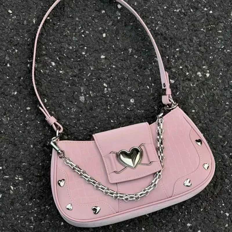 Womans Bags Pink Single Shoulder Bag Metal Chain Heart Decoration Y2K Style Underarm Bag Loveliness Lady Fashion Handbags Z250926
