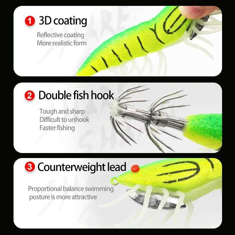 8PCS Bag Glow in The Dark Soft Foot Shrimp Jig Hard Shrimp Squid Hook Wood Shrimp Bait Fishing Lure Set W250926