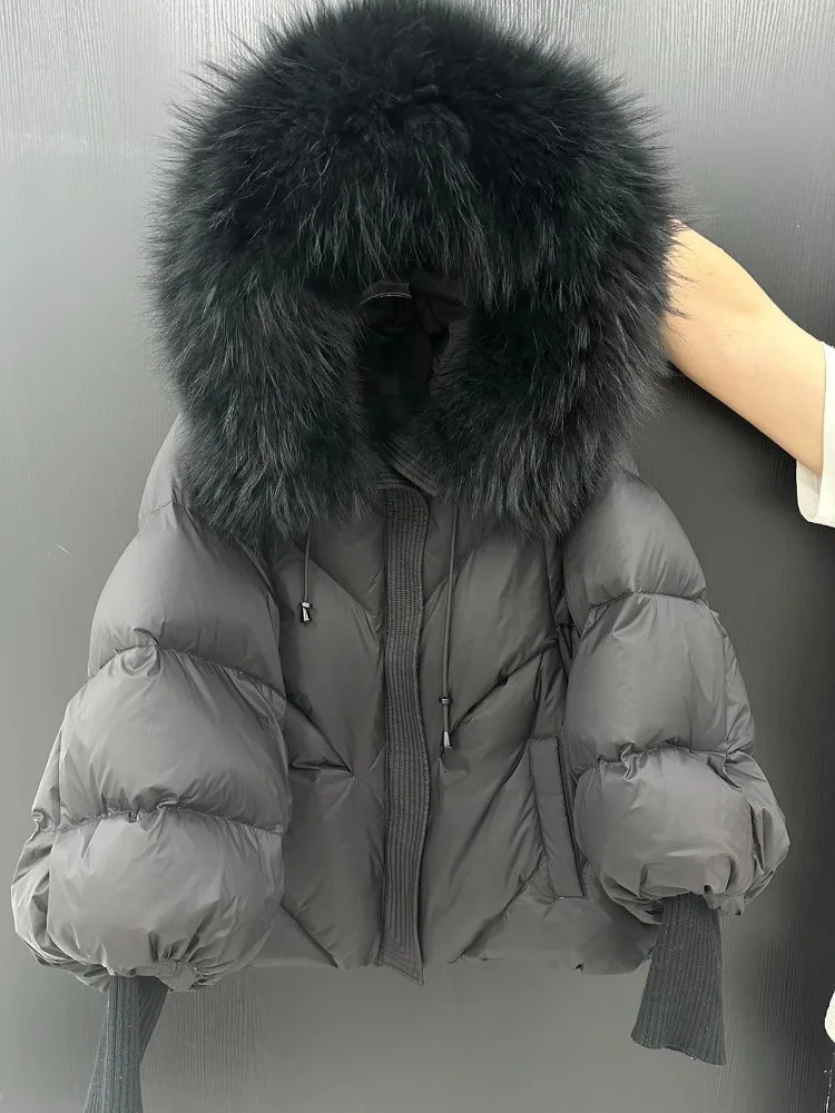 OFTBUY 2025 Winter Large Real Fur Hooded Puffer Jacket Women Thicken Warm Knitted Sleeve Coat White Duck Down Mid Long Parka 250922