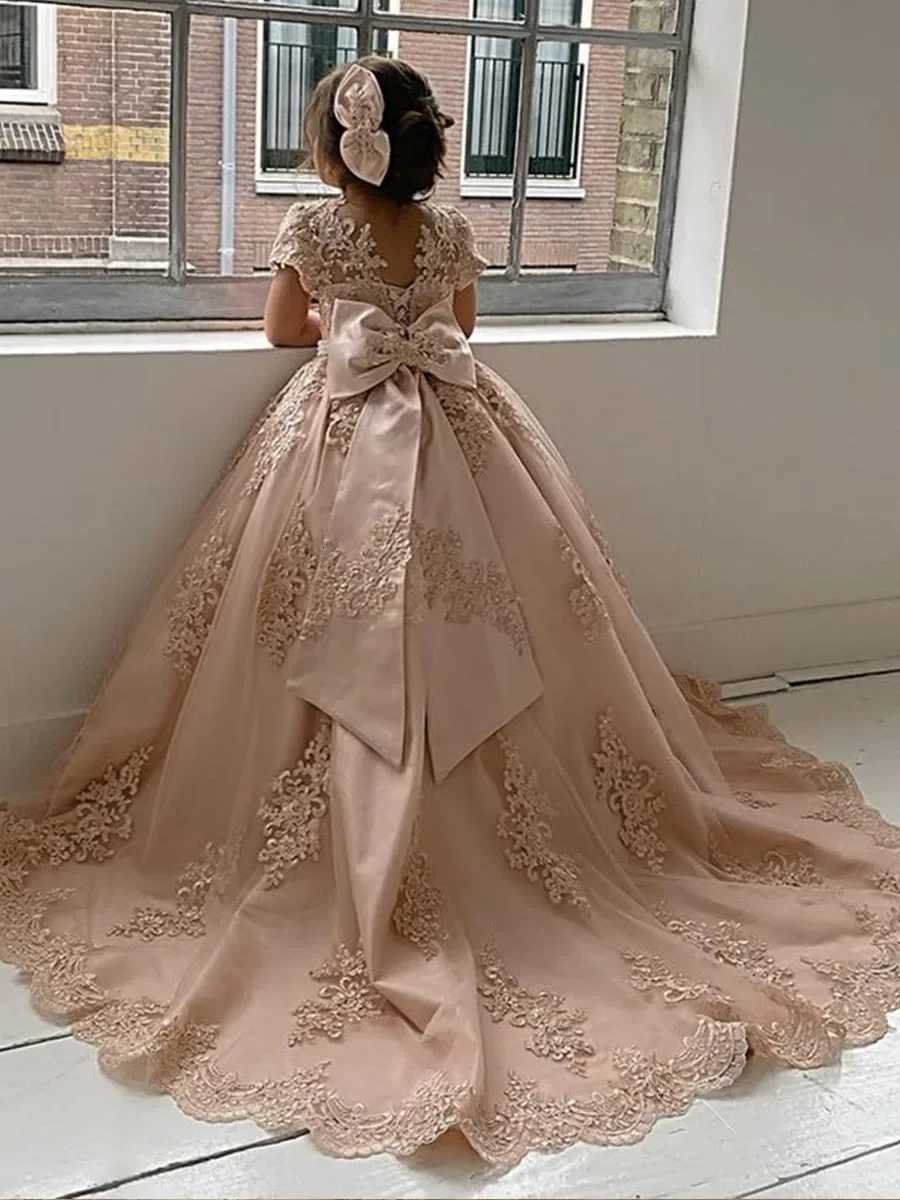 Girls Princess Flower Girl Dresses for Wedding With Bowknot Beaded Appliques Pageant Dress Kids Long Train Wedding Party Gowns Z250926