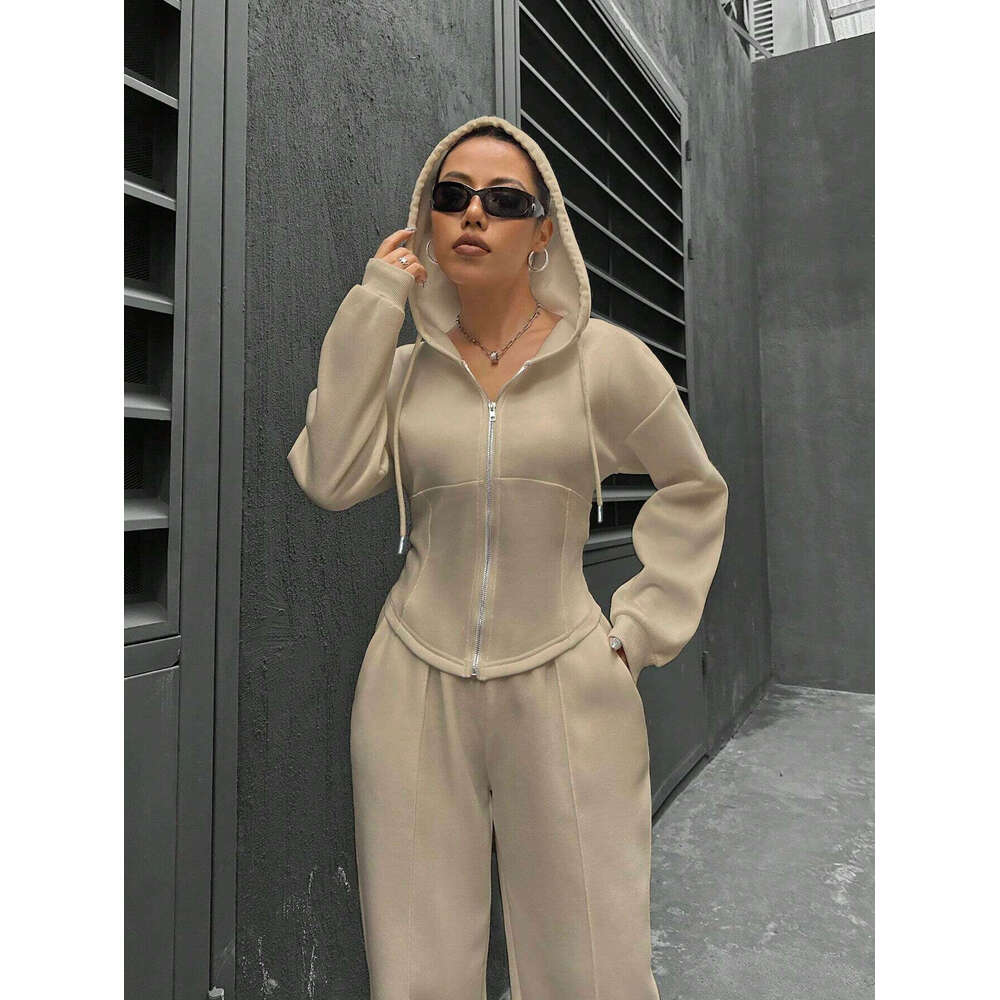 2025 Spring Autumn New Set European and American Cross-Border Trendy Hooded Cardigan Slim Fit Casual Two-Piece Suit for Women