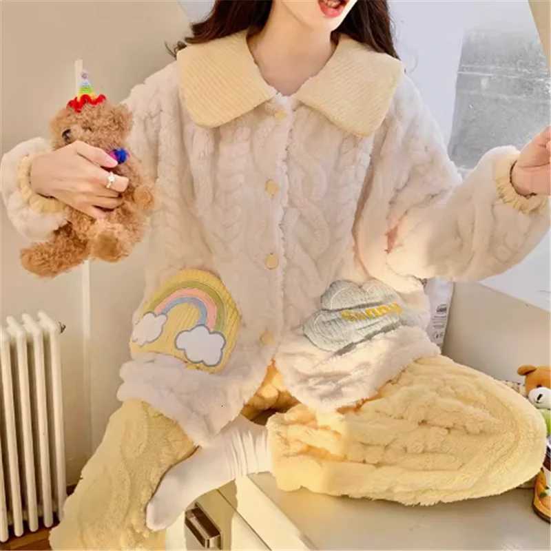 2024 New Coral Fleece Pajamas Women Thick Suit Lapels Cartoon Sweet Girls Flannel Loungewear Casual Warmth Famale Sleepwear Sets Z250925