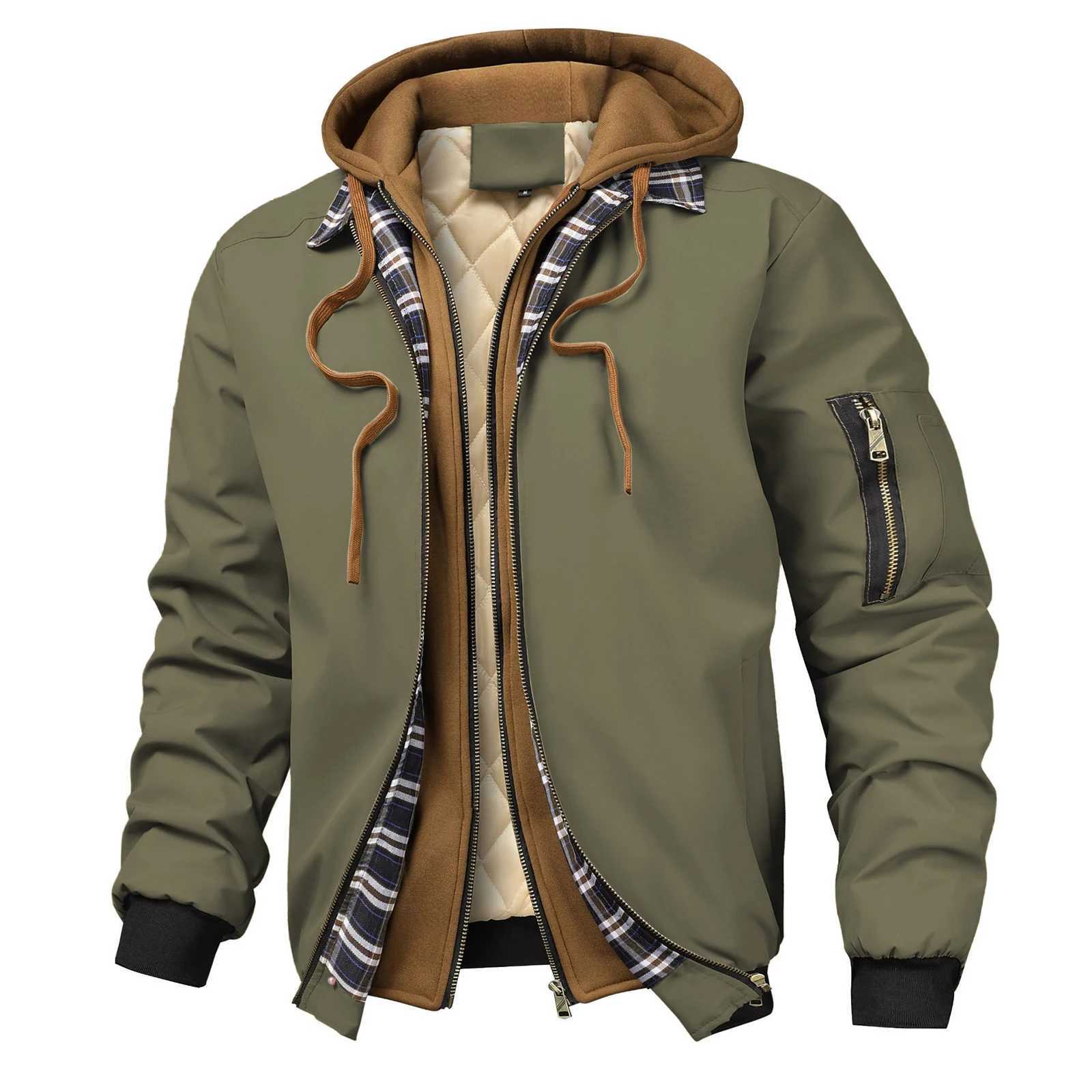 Mens Fall Winter Quilted Jacket Plaid Fake Two Pieces Zipper Up Lightweight Long Sleeve Hood Coat W250926
