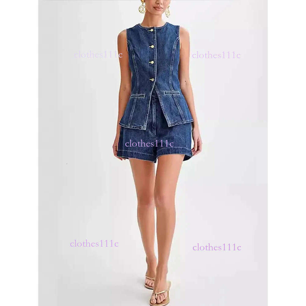 Denim 2 Pieces Sets Women Fashion Slim O-Neck Sleeveless Single Breasted Vest Wide Leg Shorts Summer Y2k Lady Outfit 240614
