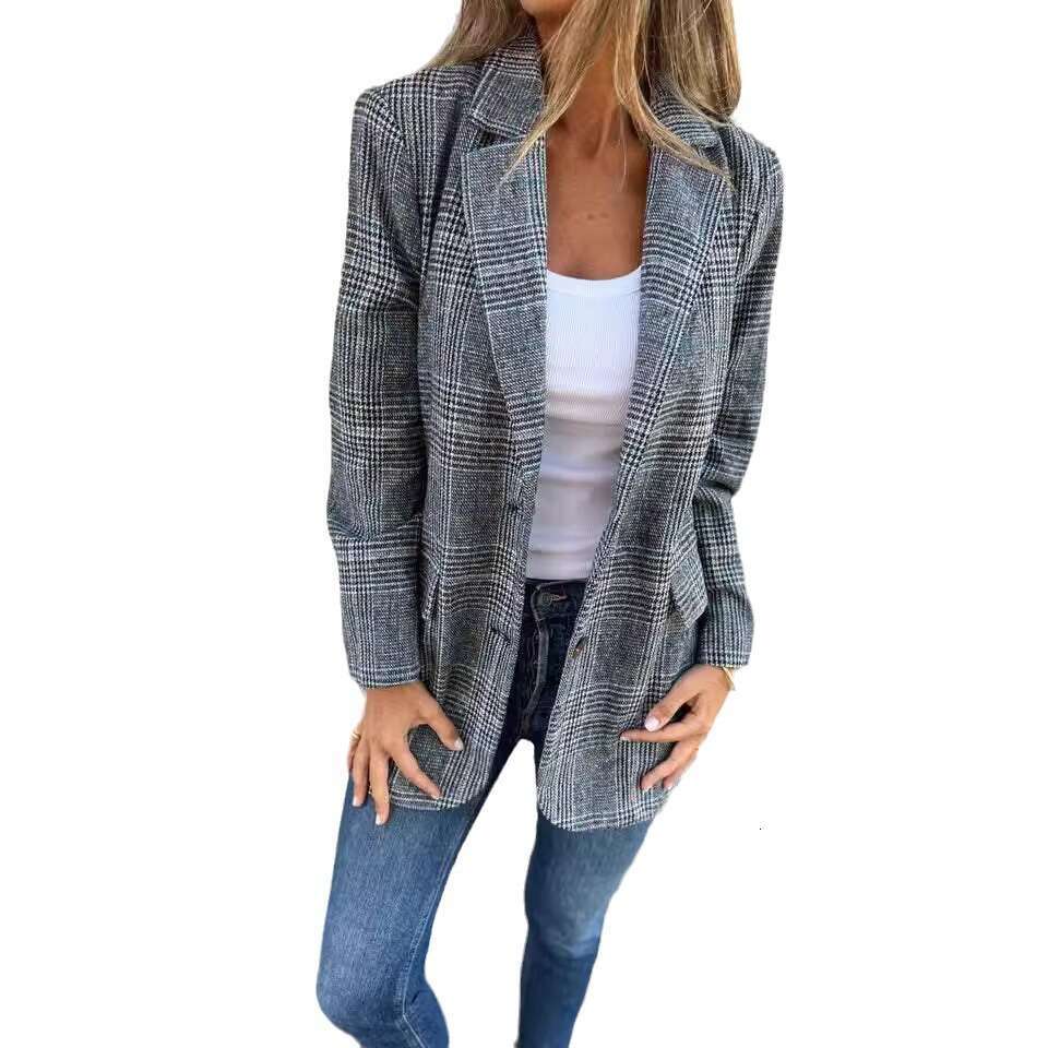 2025 Cross-Border European and American Autumn Winter Coat Women's Casual Retro Houndstooth Lapel Blazer Versatile