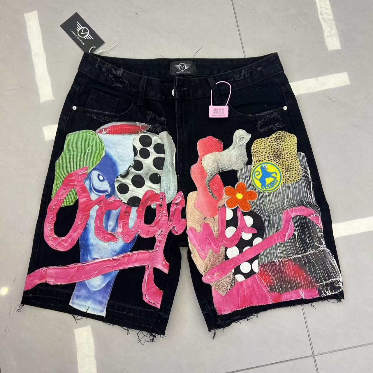 Gothic punk skull letter pattern patch work shorts mens Y2k streetwear pants hip-hop fashion denim shorts summer s 250402
