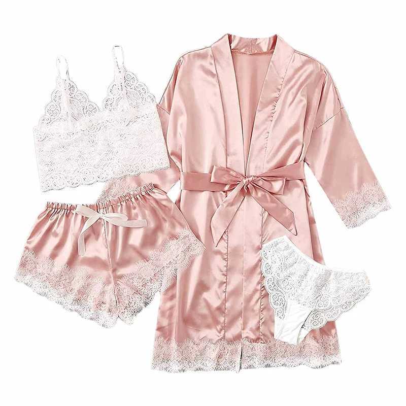 Womens Summer Sexy Pajama Pants Set 4 Pieces Lace Satin With Silk Sleepwear Robe Fashion And Comfortable Nightwear Z250925