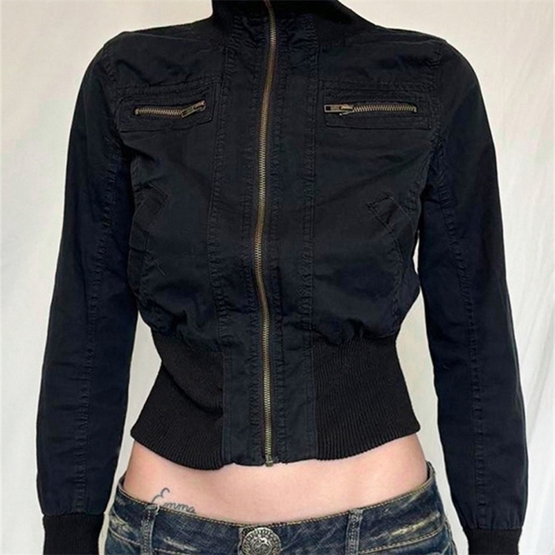 BKQU Autumn Cropped Jackets Women Vintage Slim Stand Collar Zipper Short Coat Y2K Streetwear Long Sleeve Sweatshirts Outerwear 240807