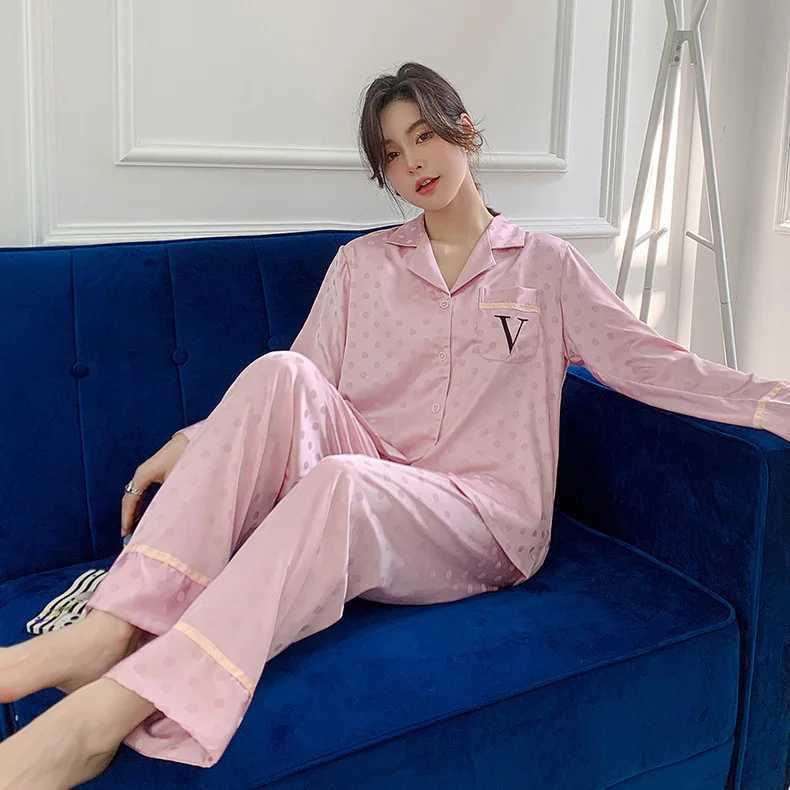 Jacquard Dot Women Sleepwear 2 Pieces Pajamas Set Satin Nightwear Casual Lounge Wear Autumn New Nightgown Pyjamas Homewear Z250925
