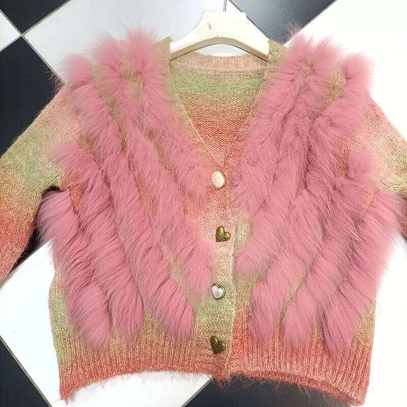2025 Women Autumn Short Trim Knitted Cardigans Button Real Fox Striped Coat Outwear Female Sweater With Fur