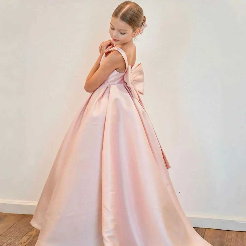 White Satin Flower Girl Dress For Wedding Floor Length with Bow Kids Birthday First Communion Party Dress Ball Gown 2024 Z250926