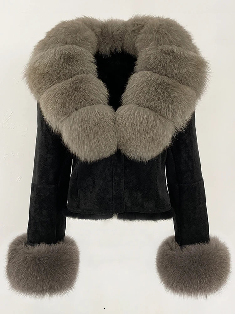 OFTBUY Fashion Short Autumn Winter Fur Clothing Real Rabbit Fur Liner Suede Jacket Women Natural Fox Fur Collar Coat Female 250917
