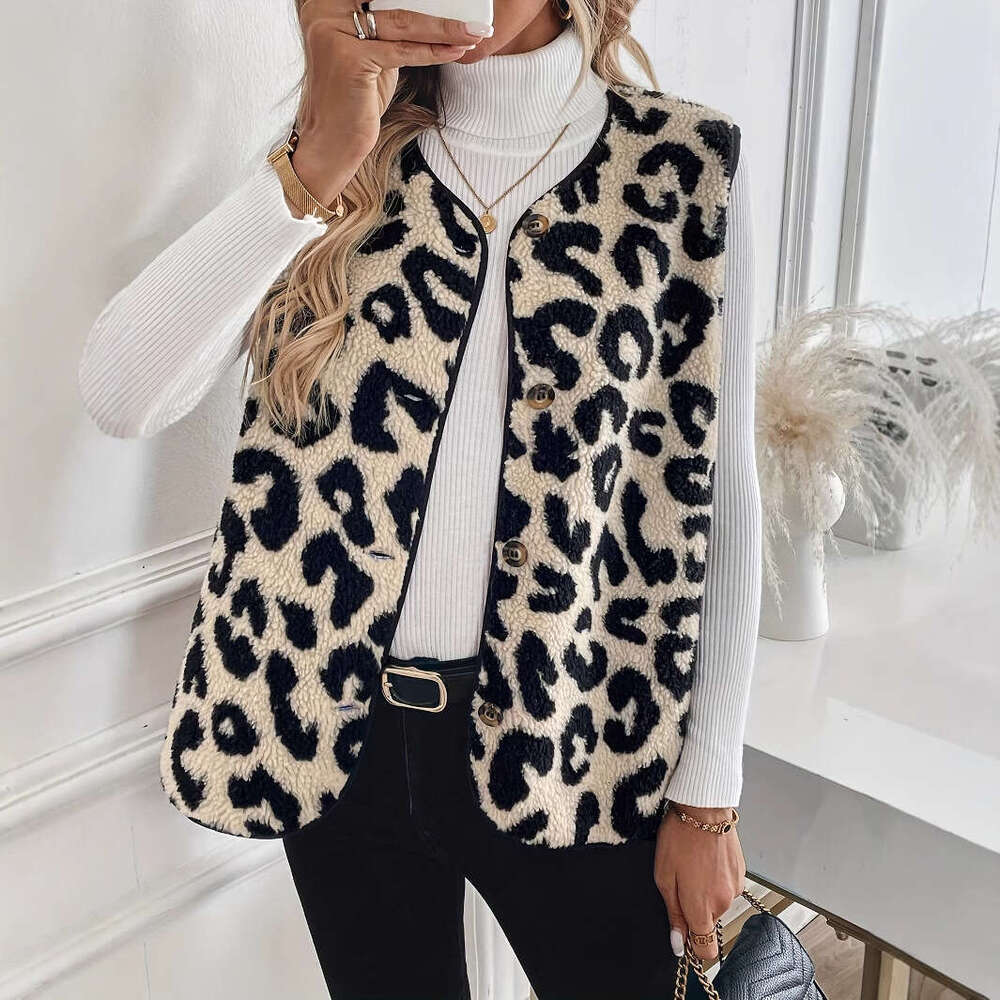 2025 Autumn Winter Cross-Border European and American New Leopard Print Front Button Plush Fashion Vest S8086