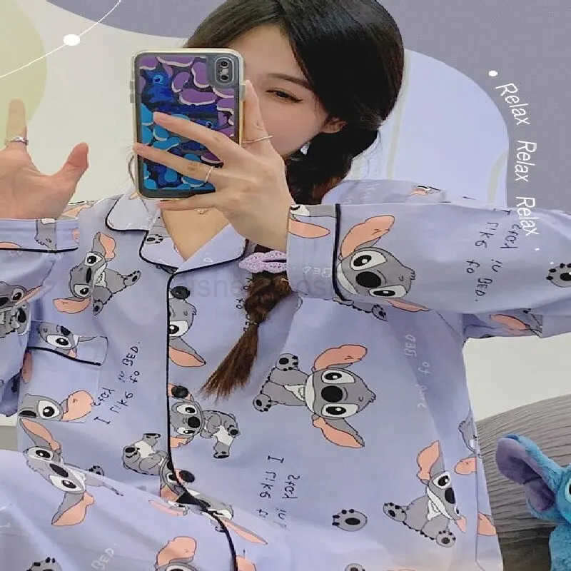 Disney Versatile Casual Cartoon Stitch Sleepwear Womens Spring and Autumn Long Sleeved Twopiece Set Pijama Pajama Sets Pyjamas Sleep H250926