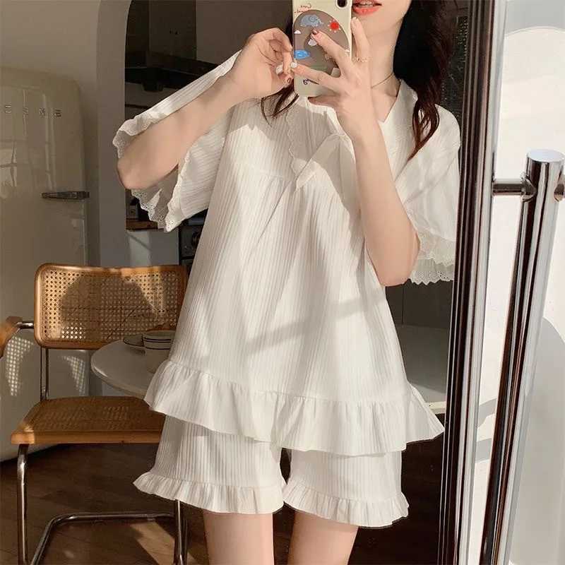 Style Pajamas Ladies Summer Loungewear Set ShortSleeved wiTH Cushion Korean Small Sweet girlfriends Loungewear Set Z250925