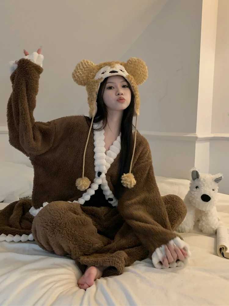 Retro Contrast Color Flannel Pajamas Women Winter Thickened Single Breasted V Neck Mid Length Two Piece Sets Sleepwear Z250925