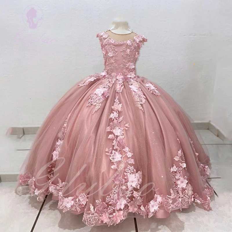 Pink Tulle Flower Girl Dress For Wedding Puffy 3d Applique Floor Length Kids Birthday Pageant First Communion Baby Ball Gown Z250926