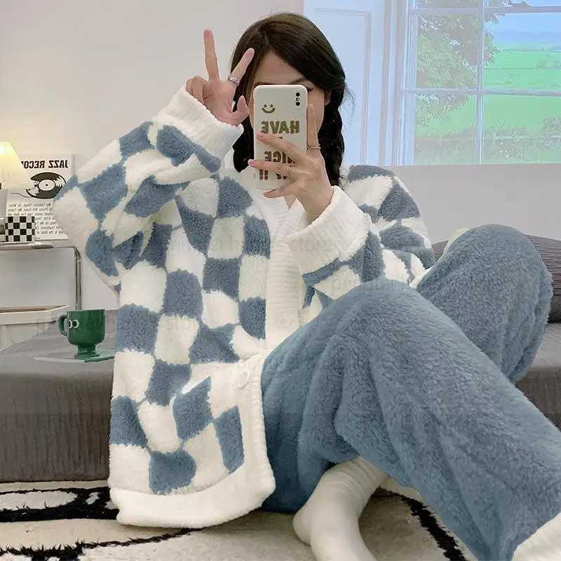 Checkered Velvet Padded Simple Sleepwear Winter Womens Pajamas French Style Home Clothes Set Warm Pijama Can Be Worn Outside Z250925
