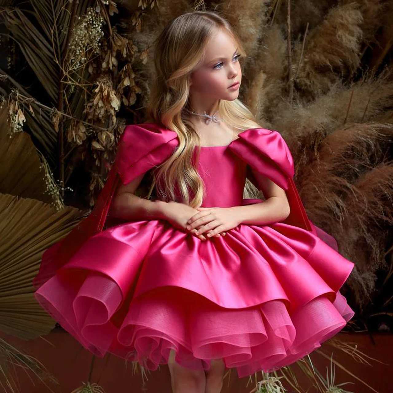Fashion Big Bow Girls Party Dress Formal Pink Wedding Bridesmaid Birthday Princess Dresess for Girl Gala Christmas Kids Clothes Z250926