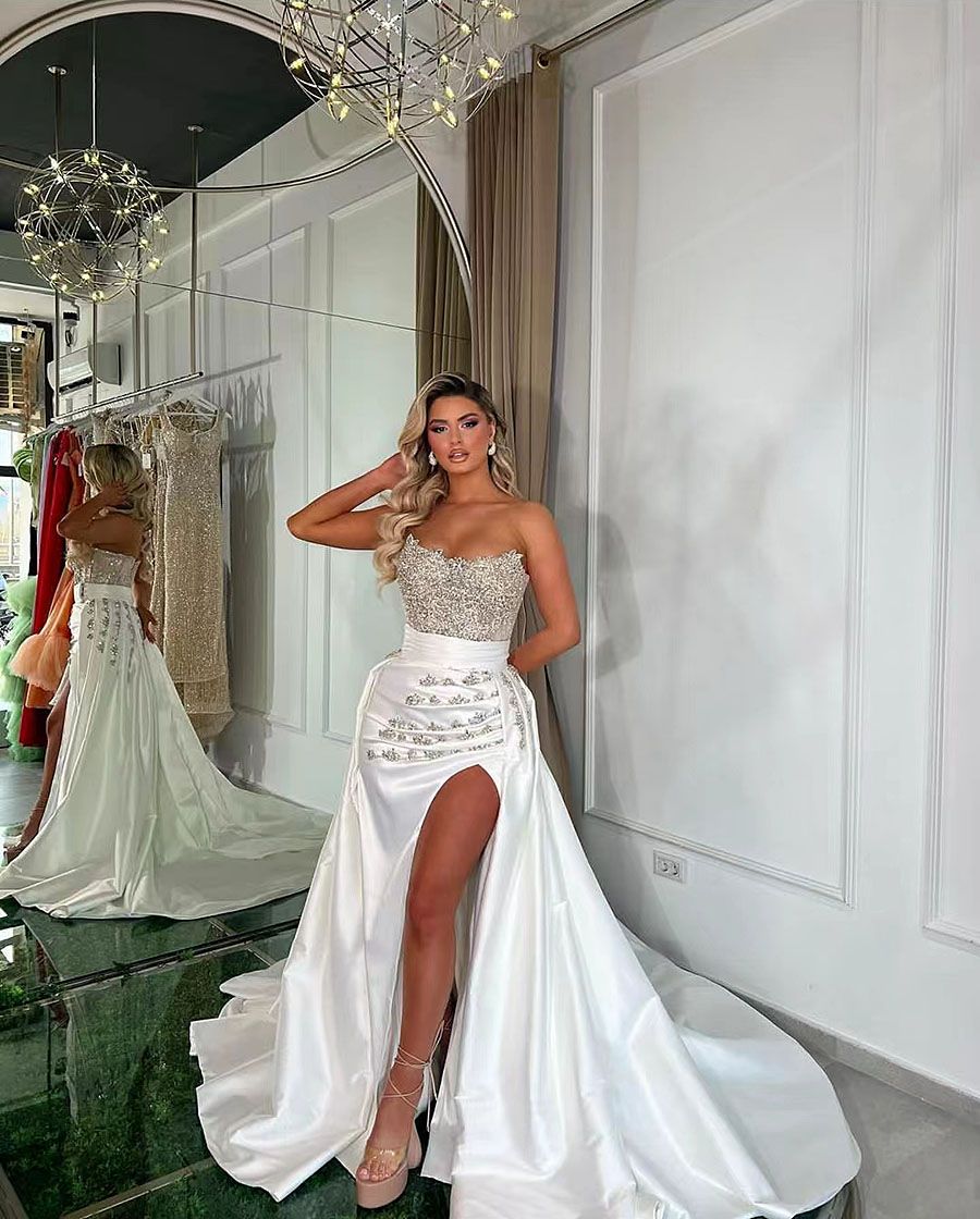 Elegant Crystal Beaded Evening Dress Strapless Mermaid Formal Prom Gowns with Overskirt Thigh High Split Women Party Occasion Robe de soiree bc20388 9