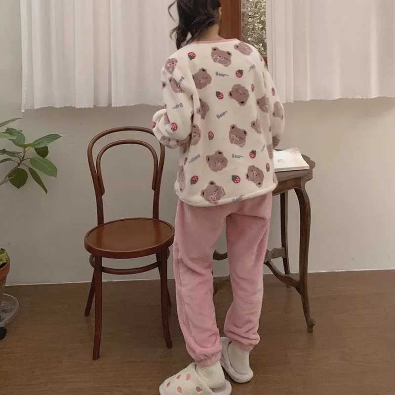 Winter Pajamas Round Neck Long Sleeve Cartoon Bear Warm Sleepwear for Winter Thickened Big Size Pajamas Coral Fleece TwoPiece Z250925