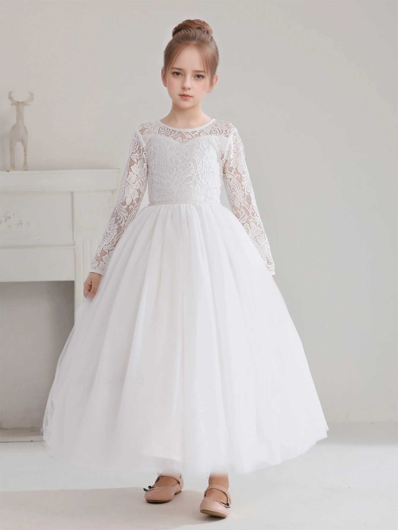 Girls Teenage Long Sleeve Lace Dress Wedding White Bridesmaid Evening Gown Long Dress Z250926