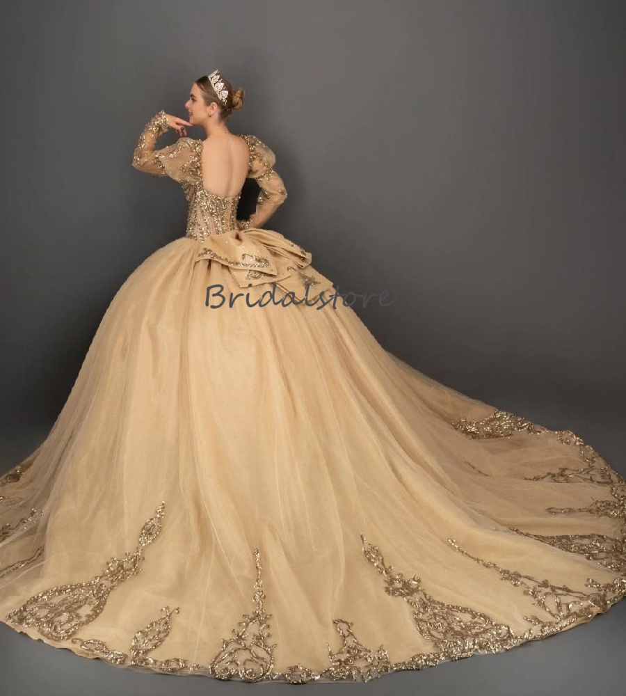 Luxury Chamapgne Sequin Quinceanera Dress Princess Long Sleeve Beaded Vestidos De 15 Quinceanera Sixteen Birthday Party Gowns 2025 Para Sweet 16 Dress