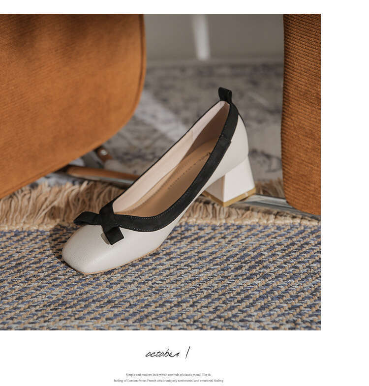 Elegant Chunky Designer Shoe Heel Off-White High Heels for Women Summer 2022 New Square Toe Shallow Soft Leather Mid-Heel Single Shoes