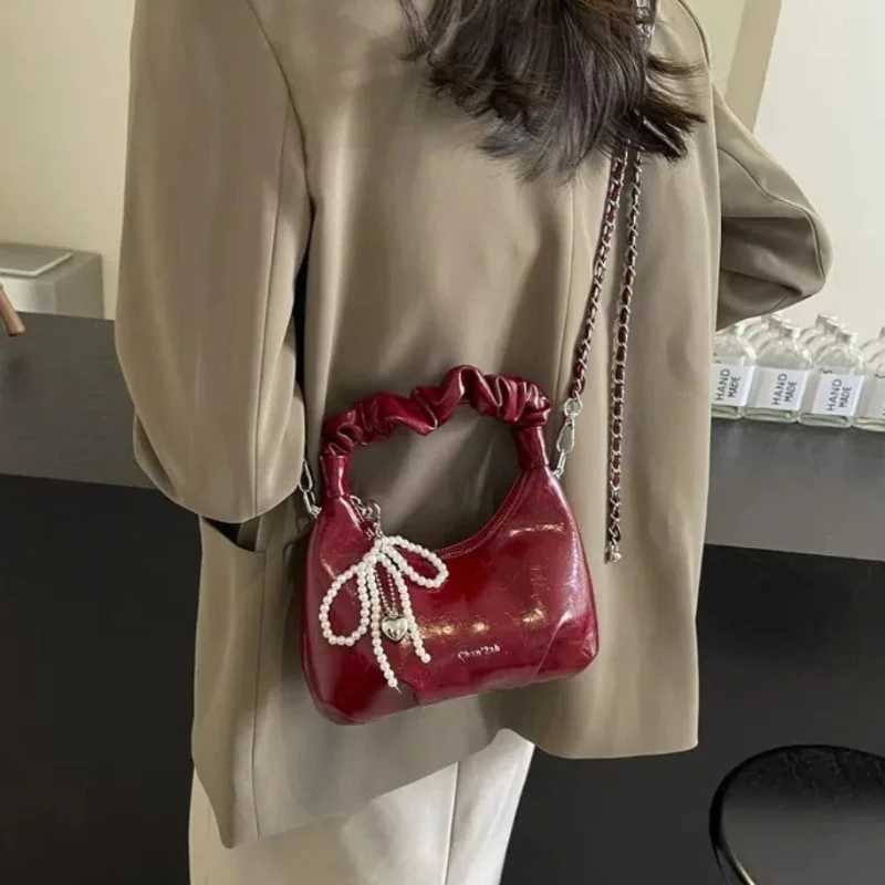 Hot Y2K New Underarm Bags for Women Pleated Handle Design Ladies Pearl Bow Handbag Adjustable Strap Shoulder Crossbody Bag Z250926