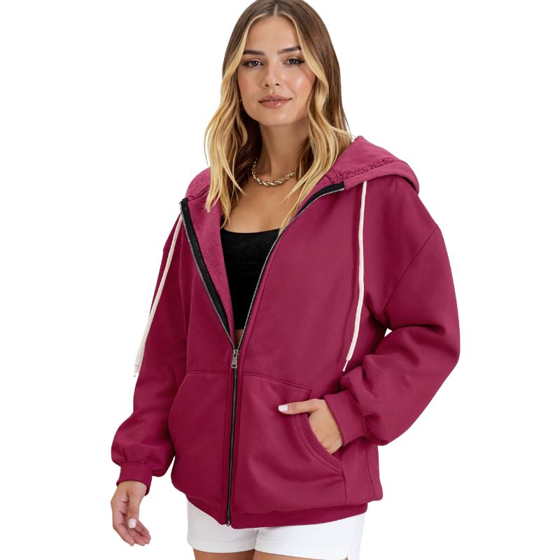 Women's Autumn & Winter New Solid Color Fleece - Lined Hooded Sweatshirt Jacket, Zipper Plus Size Casual Fashion Outerwear-YL23463