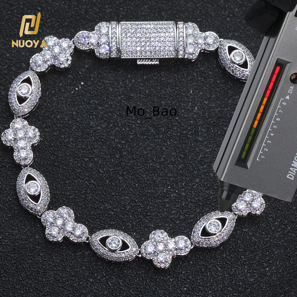 NOUYA 10mm 925 Silver VVS Moissanite Bracelet Eye Design Cross Silver Plated Cuban Chain Hip Hop Luxury Jewelry