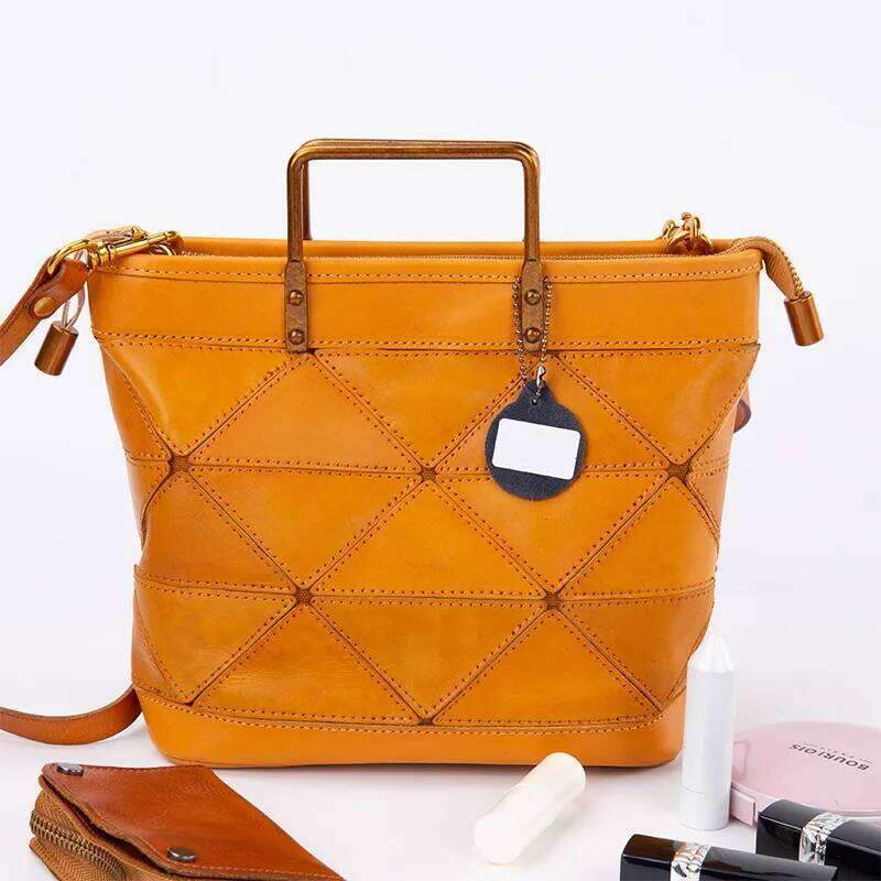 Women's New Fashion Texture Genuine Leather Triangle Splicing Handbag Metal Handle Shoulder Tote Bag For Business Office Daily Suotong0917