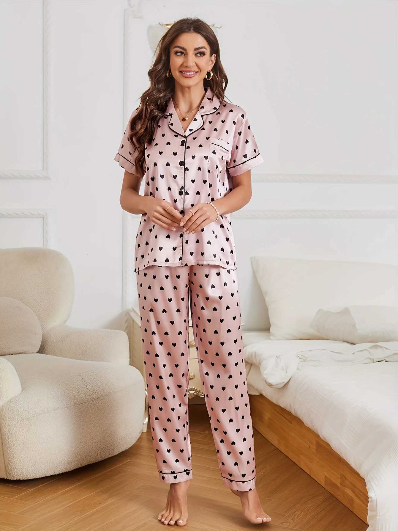 Heart Print Satin Pajama Set Casual Short Sleeve Buttons Lapel Top Elastic Pants Womens Sleepwear Z250925