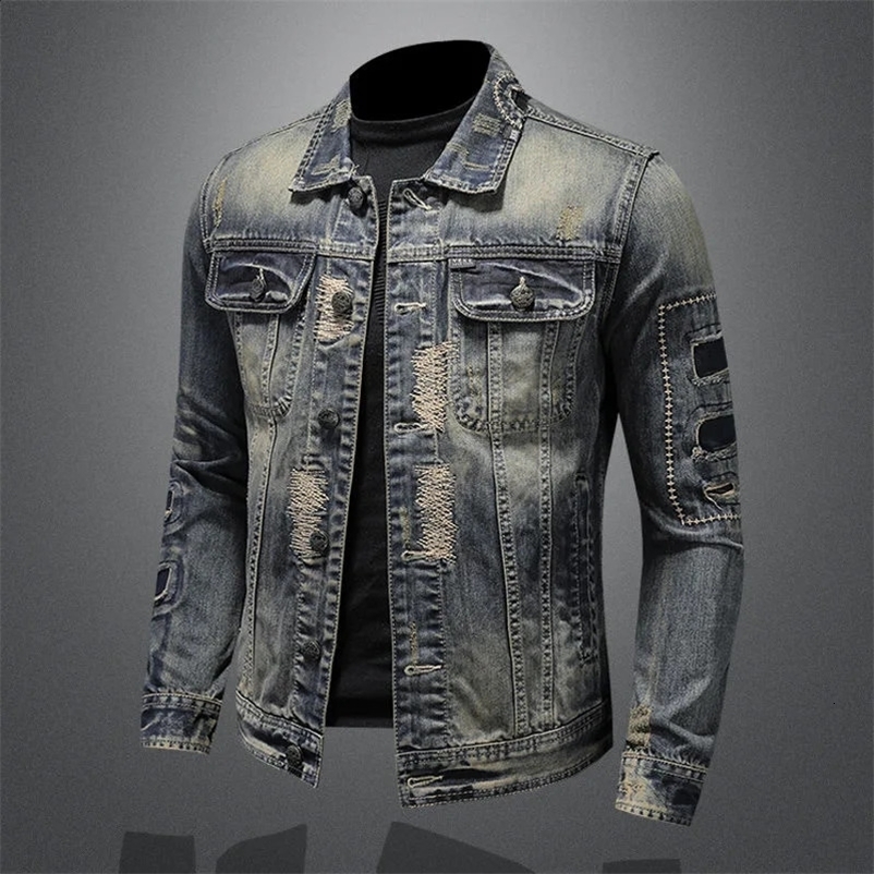 Spring/Summer Fashion Trend Tear Vintage Jeans Jacket Mens Casual Loose Comfortable High Quality Plus Size Jacket 240923bj
