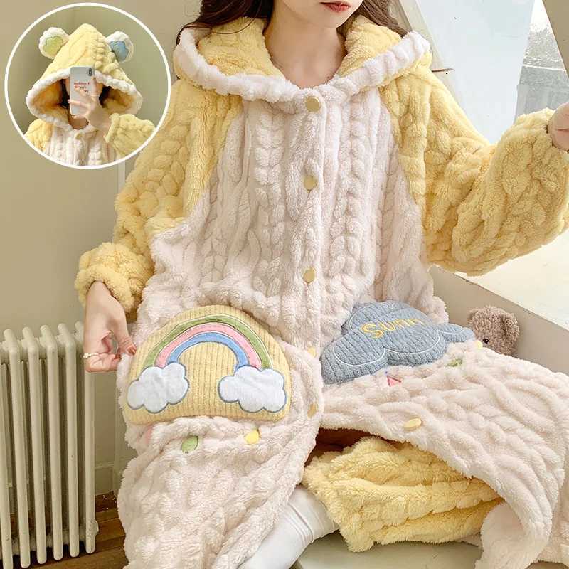 Winter Coral Fleece Warm Sleepwear Womens Pajamas With Pants Nightgown Kawaii Casual Hooded Homewear Robe Plush Bathrobe Sets Z250925