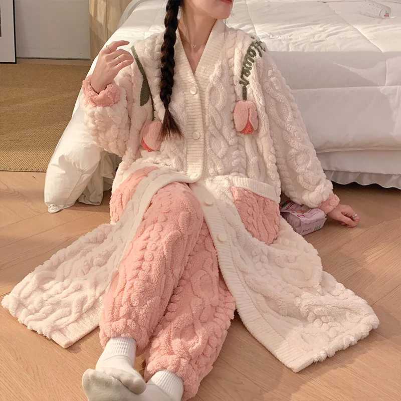 Girls Plus Size Robes With Pants Flannel Sleepwear Womens MidLength Home Clothes Flower Warm Style Autumn Winter Loungewear Z250925