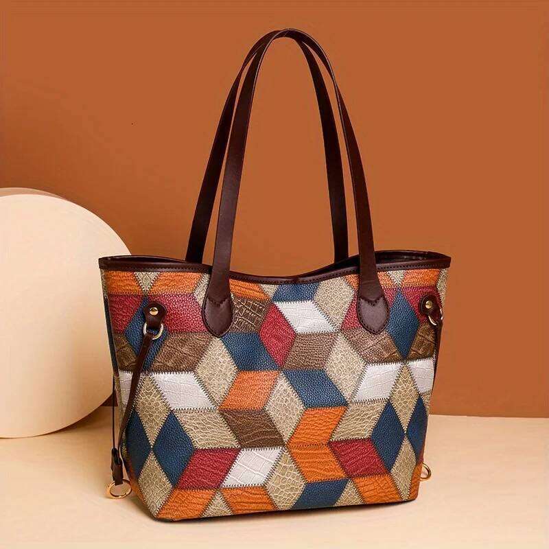 Ladies' Leather Patchwork Tote Contrasting Color Handbag Large Capacity Mother And Child Bag