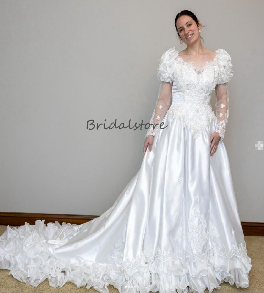 Historical 80s Celtic Wedding Dress With Long Sleeve Organza Ruffles Satin Rustic Country Bridal Gown Lace Beaded 1920s Gypsy Bride Dress Hochzeitskle