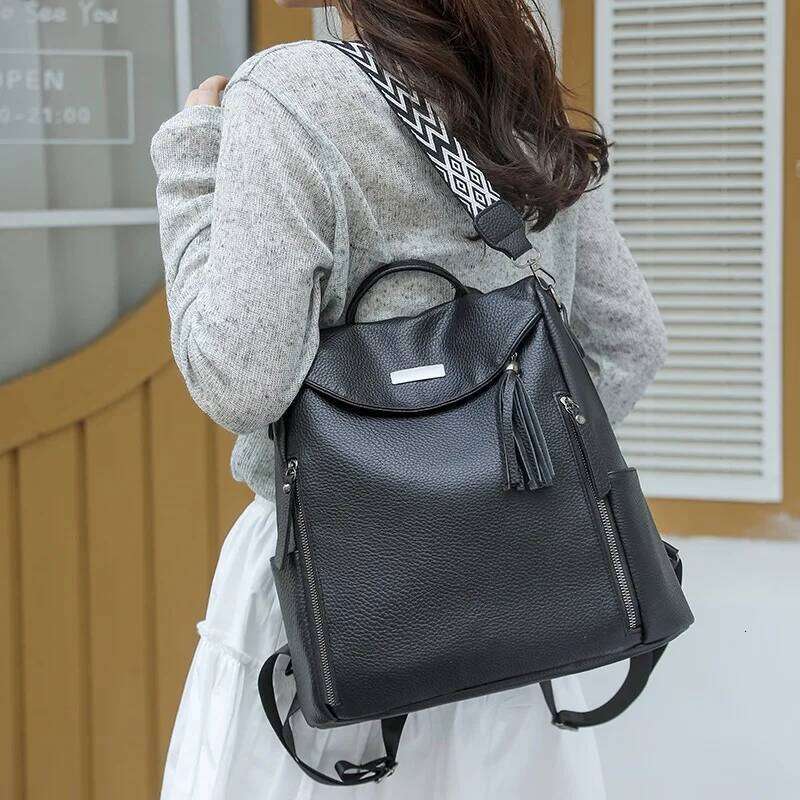 New Women's Fashion Soft PU Leather Anti Theft Travel Backpacks High Capacity Multifunctional Backpack Casual Tassels School Bag
