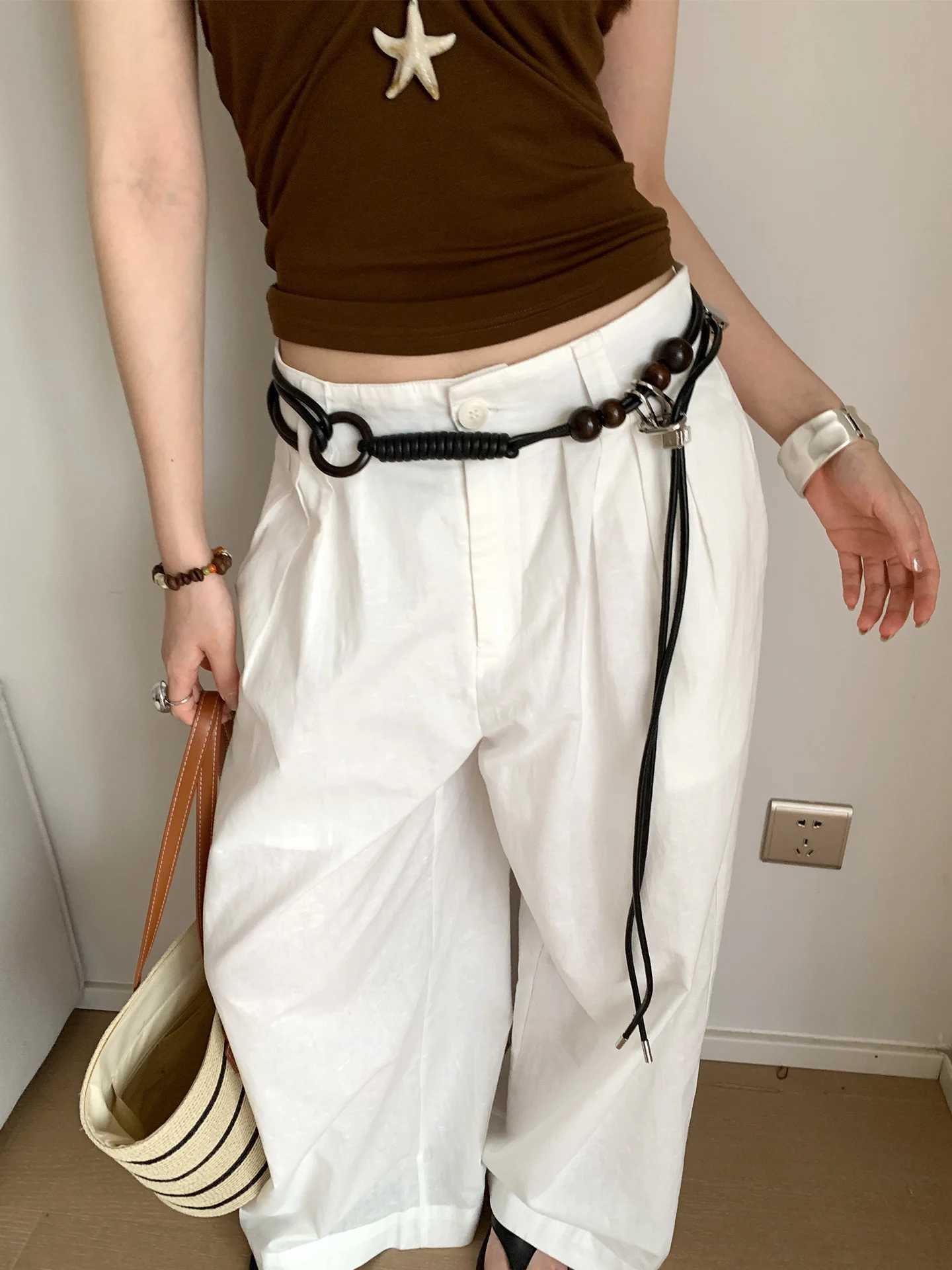 Fashionable Wooden Beads Belt With Artistic Knots For Women New Style Niche Slimming And Versatile Leather Belt L250926