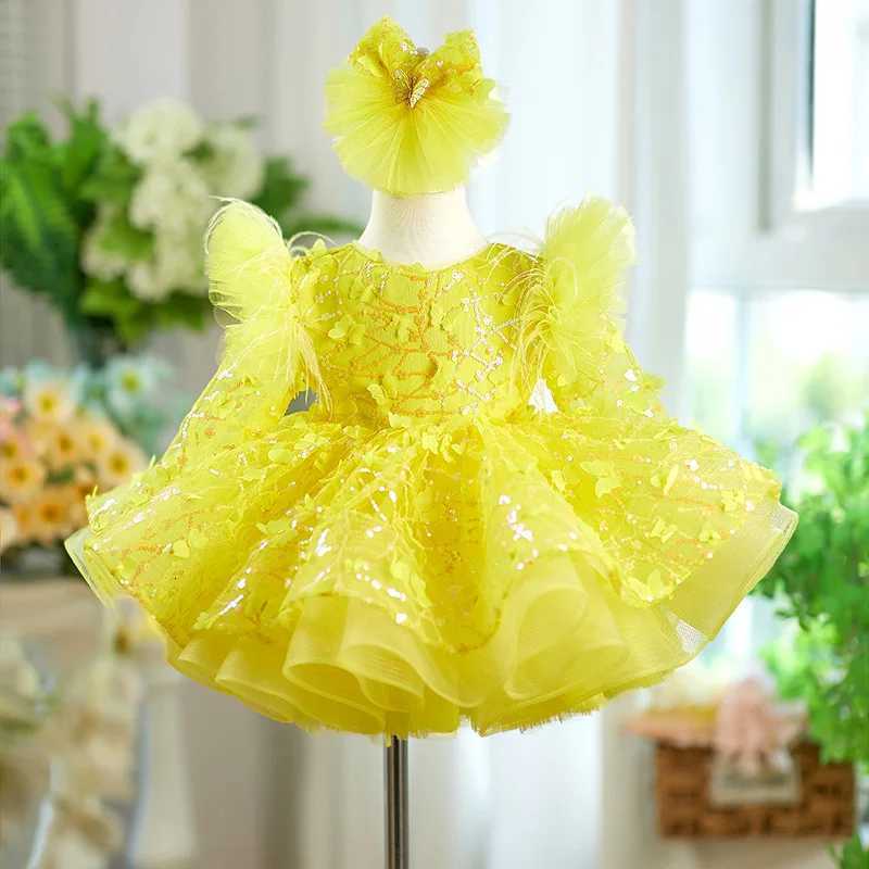 Luxury girls party dress long sleeved sequined butterfly mesh dress one year old birthday gift elegant dress for girls aged Z250926