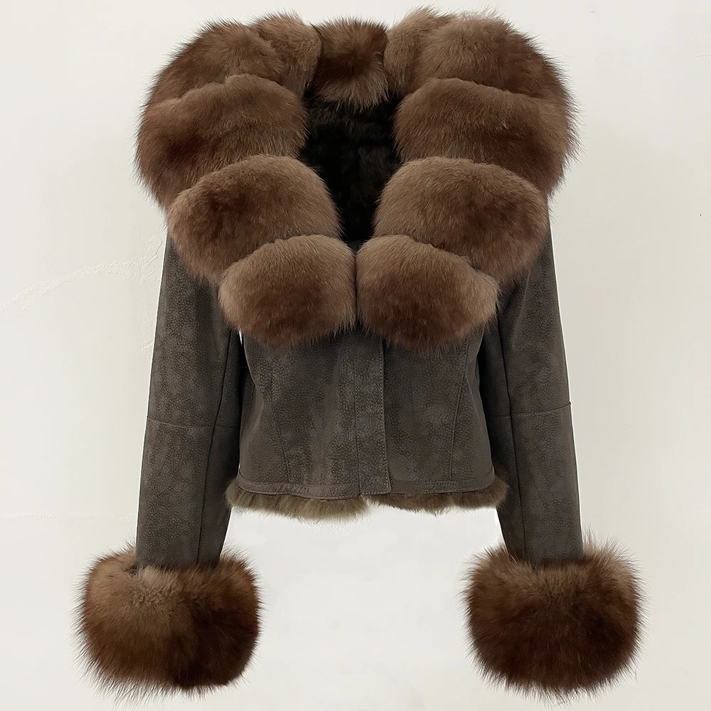 MENINA Fashion Short Autumn Winter Fur Clothing Real Rabbit Fur Liner Suede Jacket Women Natural Fox Fur Collar Coat Female 250917